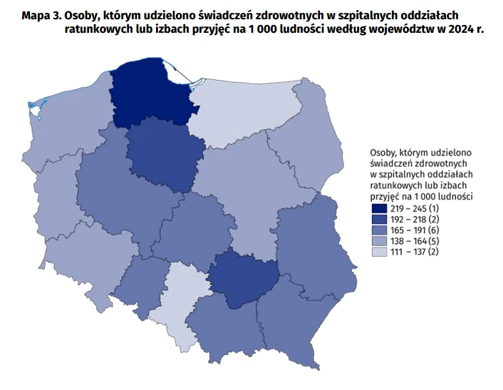 Osoby, którym udzielono świadczeń zdrowotnych w szpitalnych oddziałach
ratunkowych lub izbach przyjęć na 1 000 ludności według województw w 2024 r.