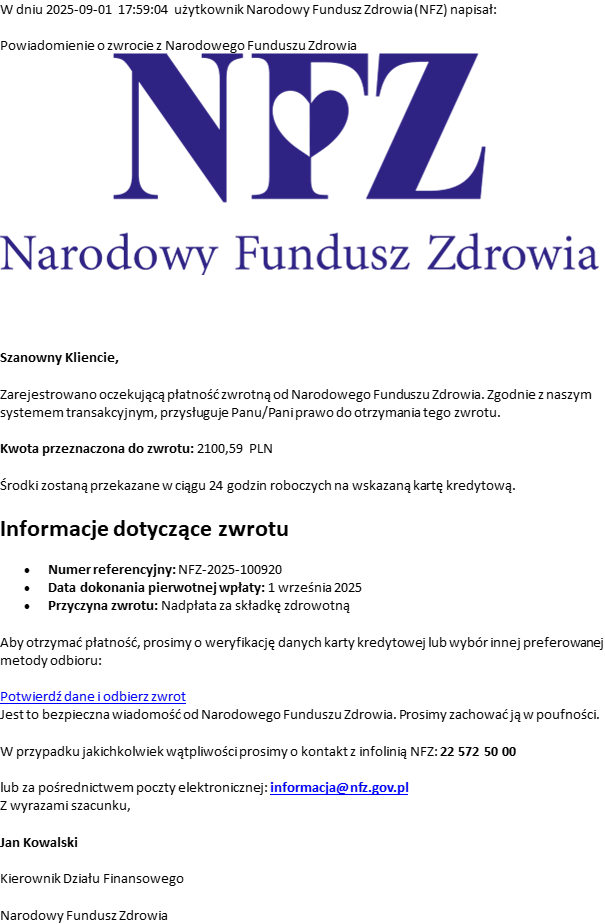 Fałszywa wiadomość od NFZ